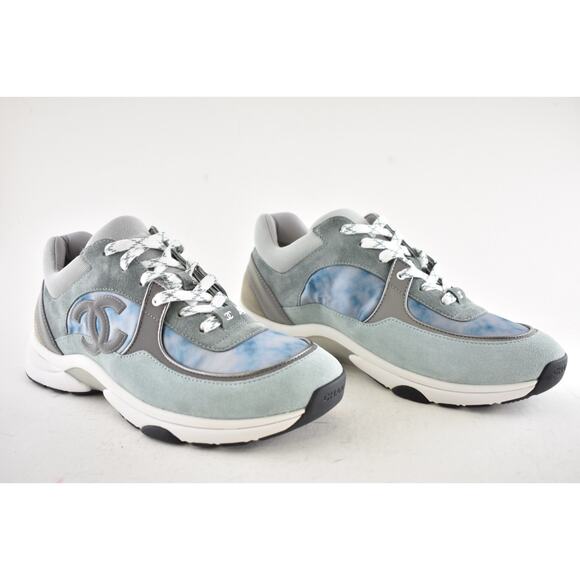 Chanel 20S Mens Grey Blue Silver White CC Logo Low Top Trainer Sneaker 44 11 - Picture 4 of 12